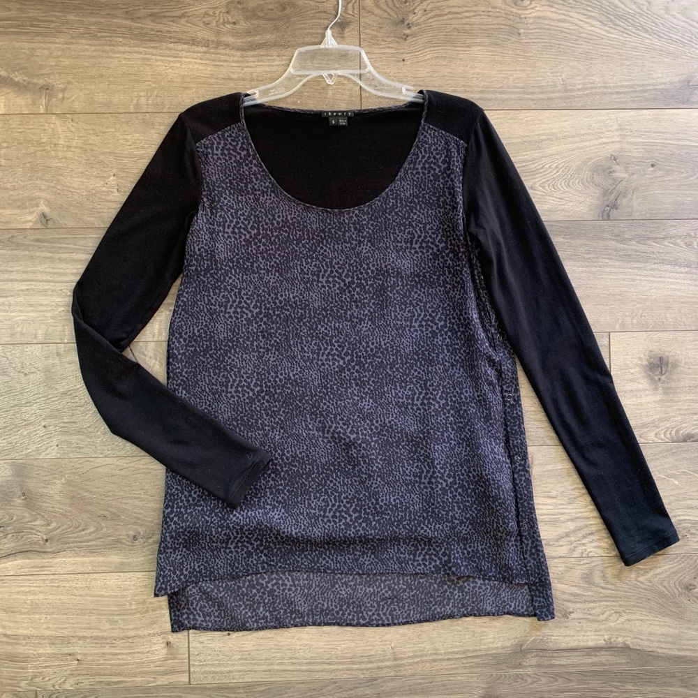 Theory silk long sleeves leopard print top, size S